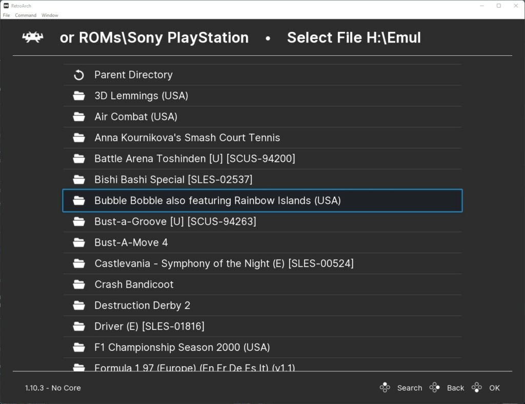 RetroArch PS1 Select Game