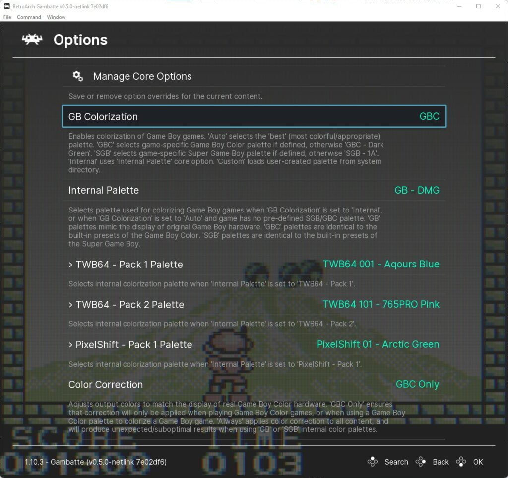 Gambatte Core Options Color Palette Settings Game Boy Color Settings
