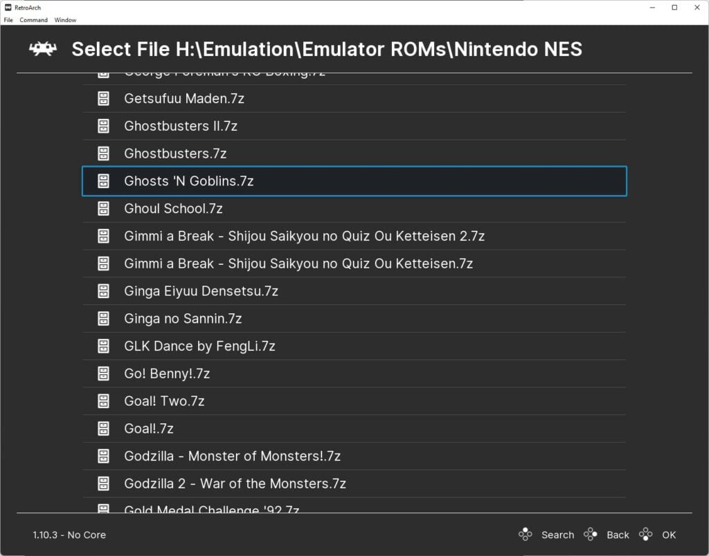 RetroArch NES Set Up Select A Game